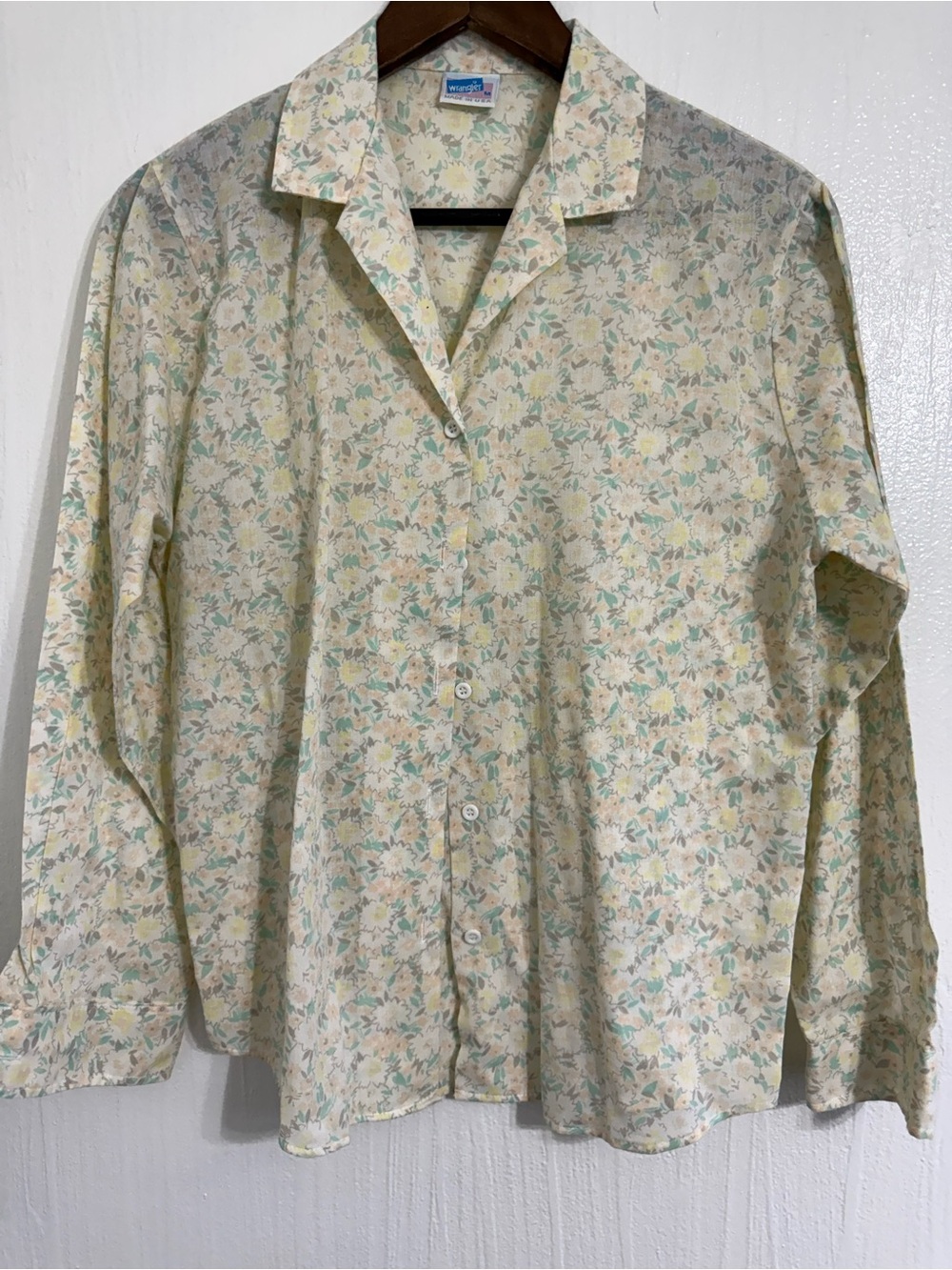 Vintage Wrangler Button Up Shirt Women's Medium Floral AOP 80s Collard Made USA